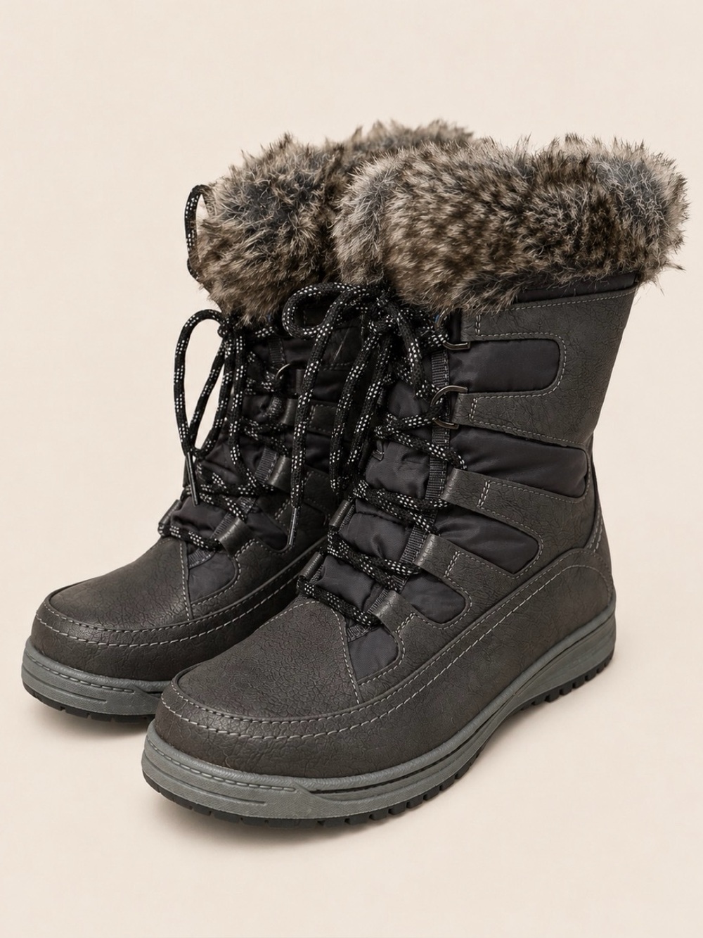 NWT Vepose Women's Gray Winter Lace-Up Boots with Faux Fur Collar